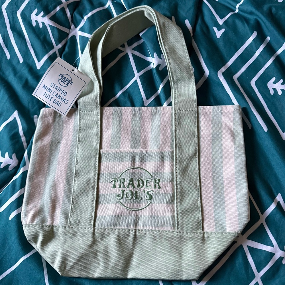 Trader Joe’s Striped Mini Canvas Tote Bag in Light Green and Cream